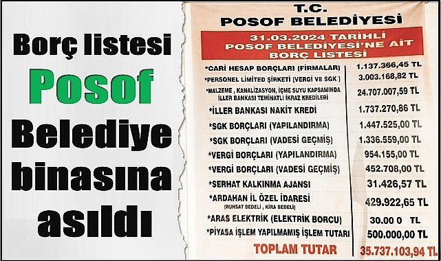 Borç listesi Posof Belediye binasına asıldı